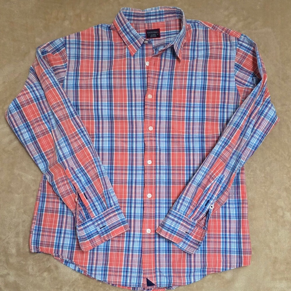 UNTUCKit Mens Plaid Long Sleeve Button Down Shirt X Large Coral Blue White